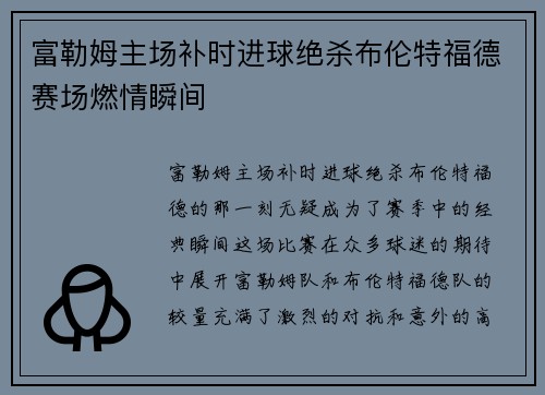 富勒姆主场补时进球绝杀布伦特福德赛场燃情瞬间